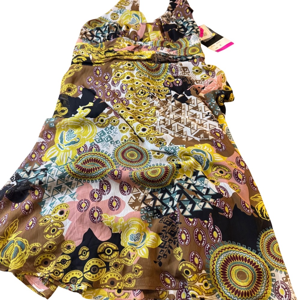 VTG Scarlett Y2K Patchwork Halter‎ Neck Overlay Dress Size 8 Midi Boho Festival - Picture 3 of 10